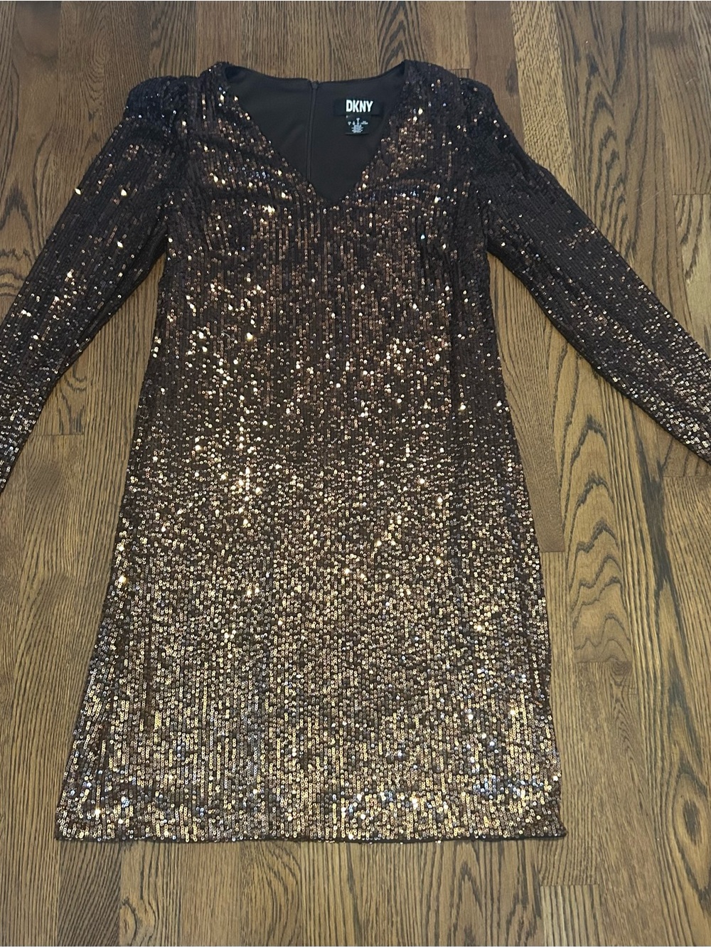 DKNY Bronze Gold Sequin V-Neck Long Sleeve mini Cocktail dress - Picture 2 of 9